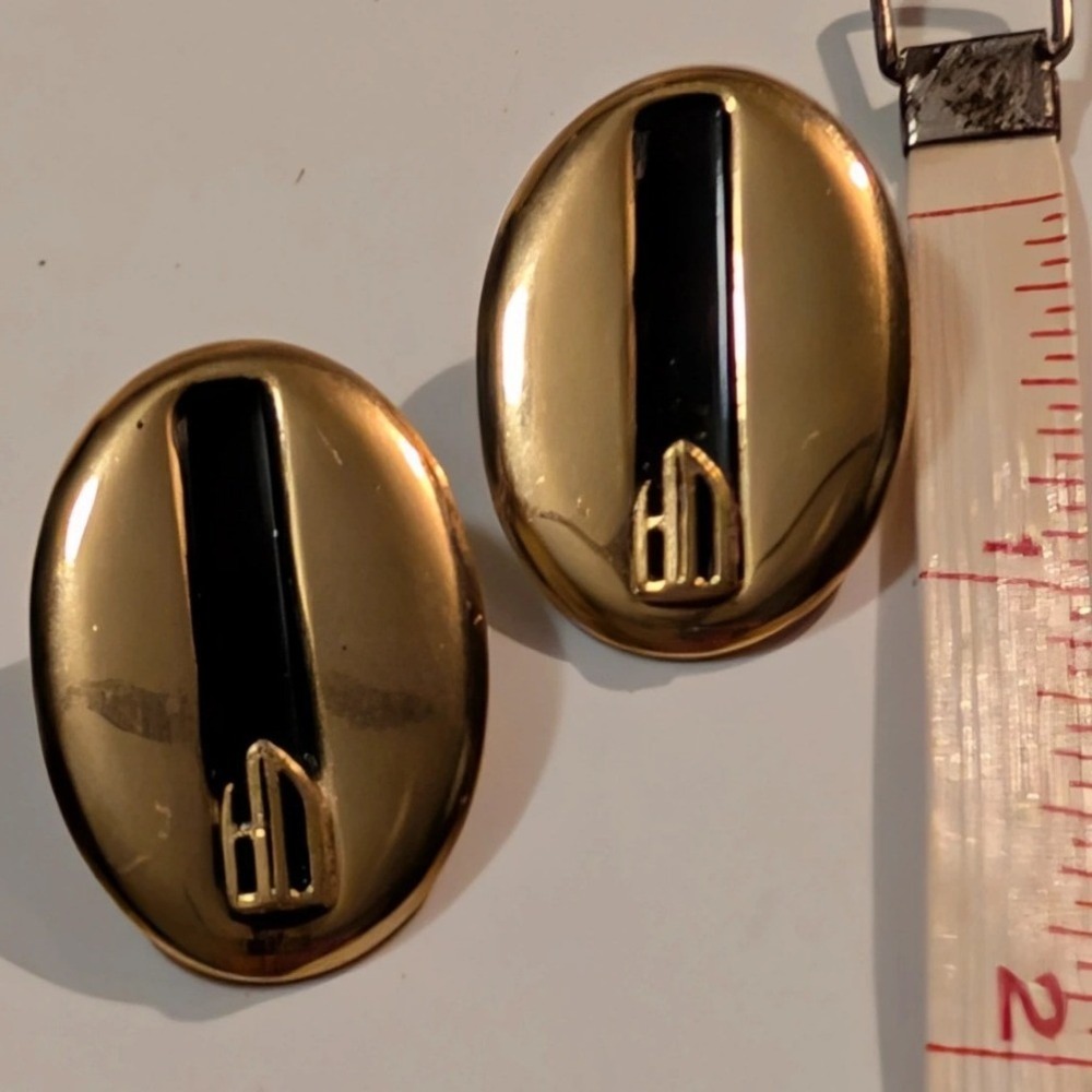 Harley Davidson Gold Tone Black Enamel Oval Stud Earrings HD Logo Biker Jewelry